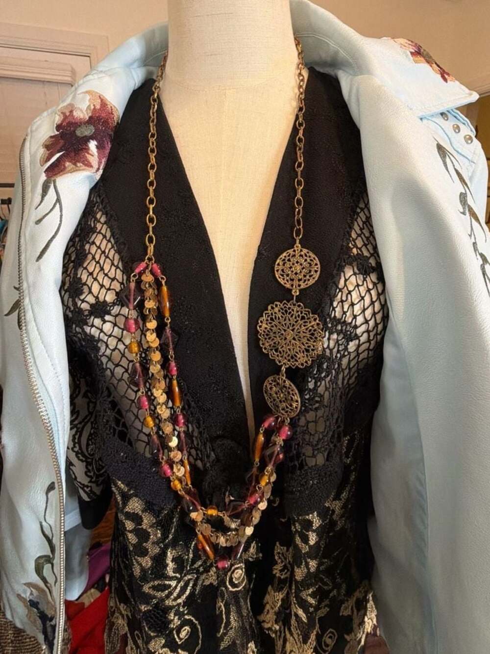 Carol Dauplaise Gold-Tone Filigree Statement Necklace with Multi-Colored Beads